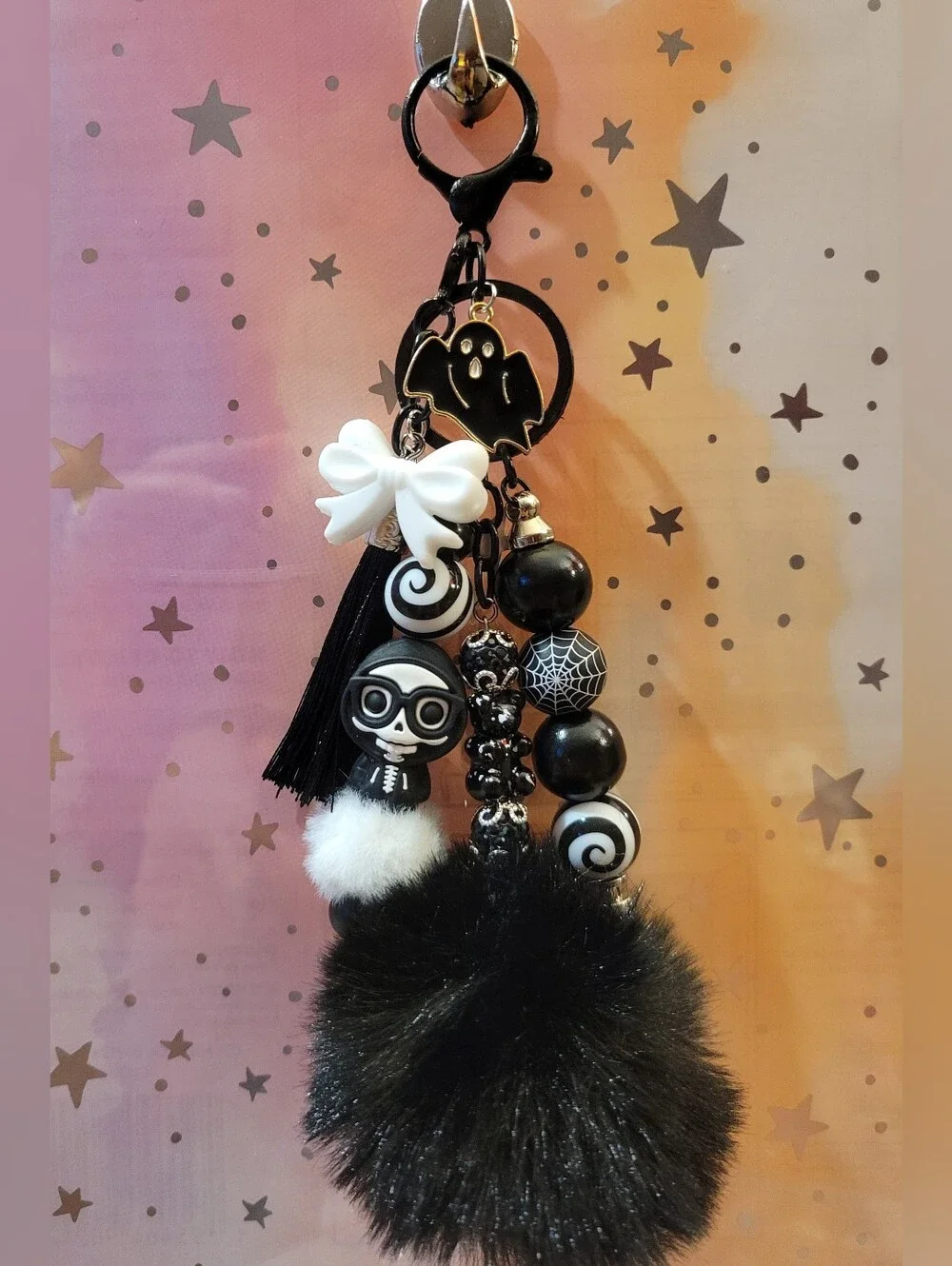 Black & White Spooky Charm Pom Keychain with Bow Halloween Handmade Bag Charm